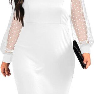Womens Plus Size Mesh Contrast Long Sleeve Round Neck Bodycon Dress